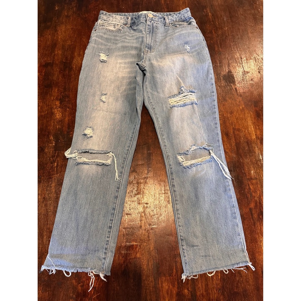 RSQ Mom Jeans Womens 9 Light Blue Excellent Distressed High Rise Frayed Hem